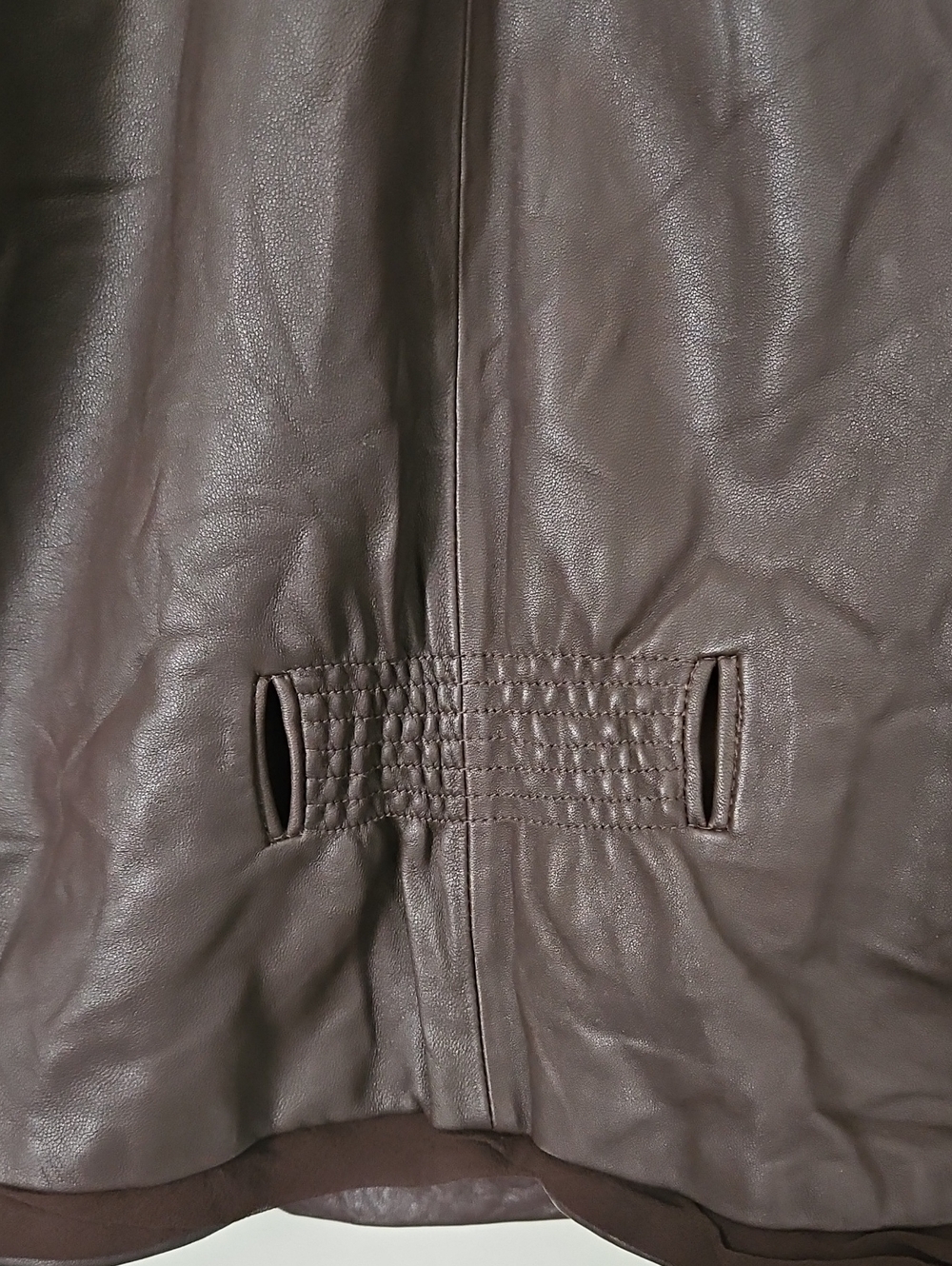 BCBG Max Azria Brown Leather Open-Front Jacket With Silk Trim - Picture 4 of 13